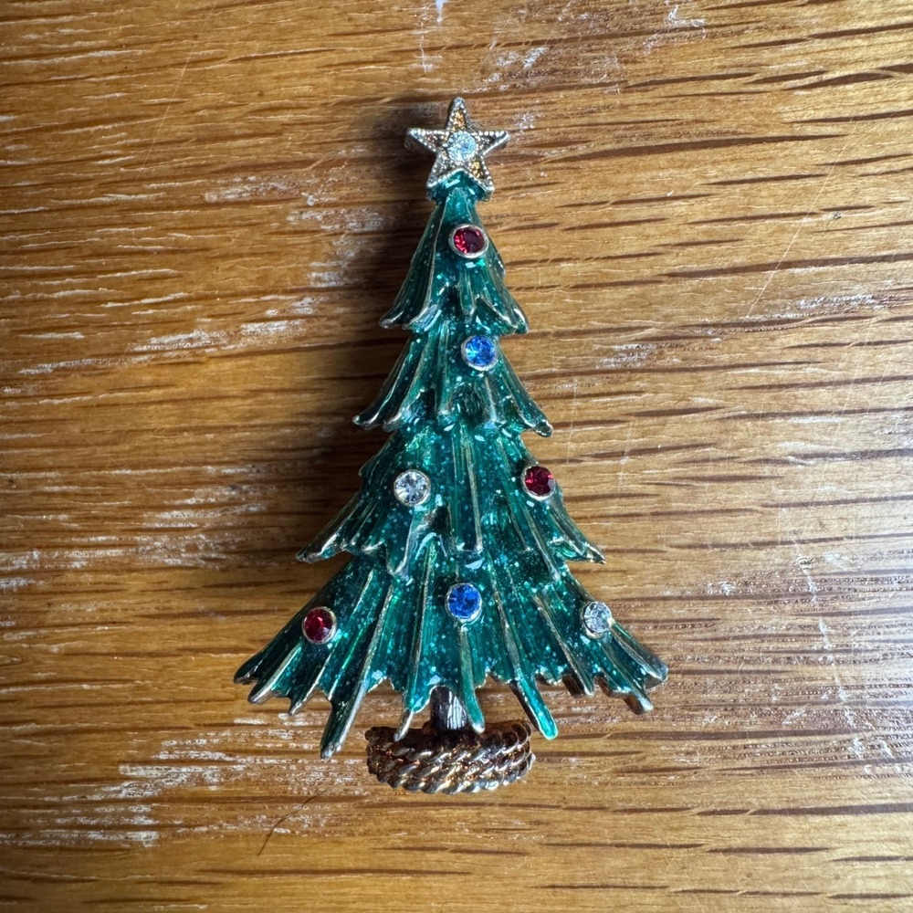 Eisenberg Ice Christmas Tree Pin‎ Brooch Rhinestones Green Enamel Star